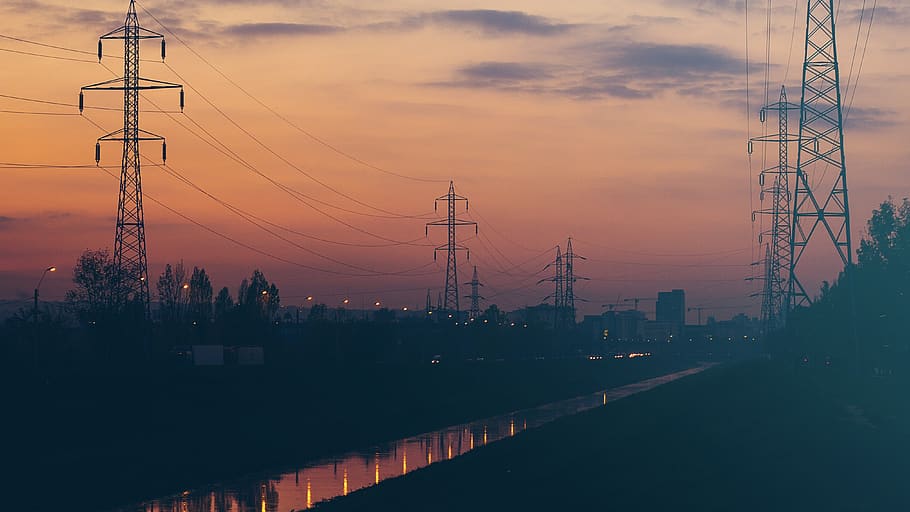 Electric Post Photography, dark, night, pillar, power lines, sky HD wallpaper