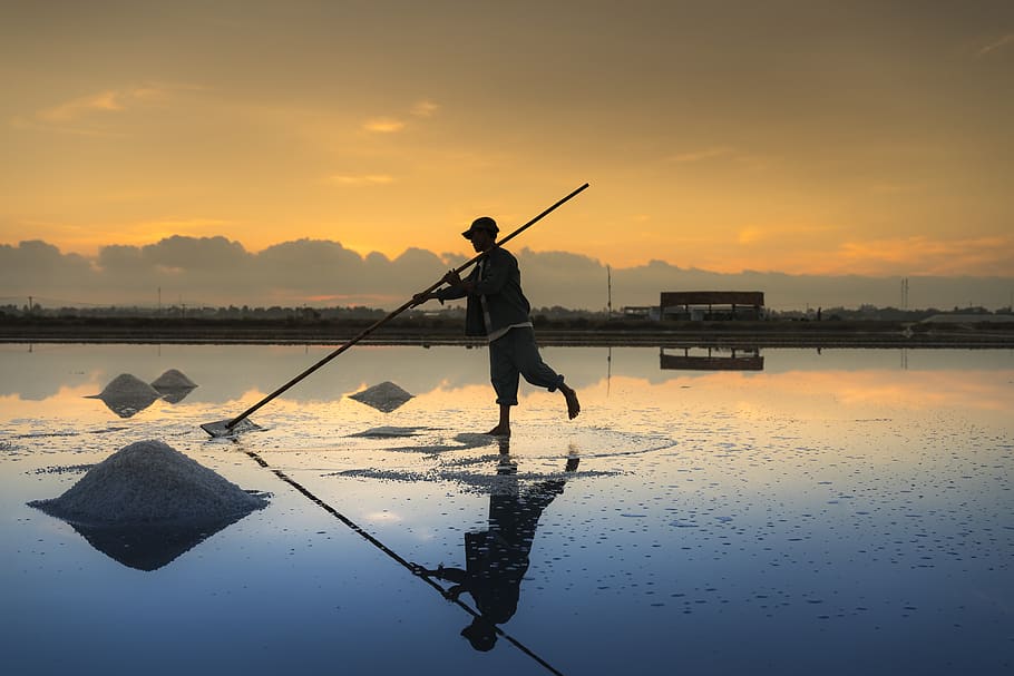 Man Holding Pole, clouds, dawn, dusk, evening, farmer, harvest HD wallpaper