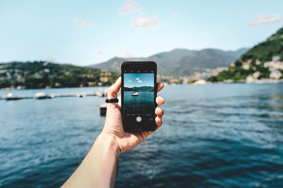 Person Holding Space Gray Iphone 5s Taking Picture of Beach, boat HD wallpaper