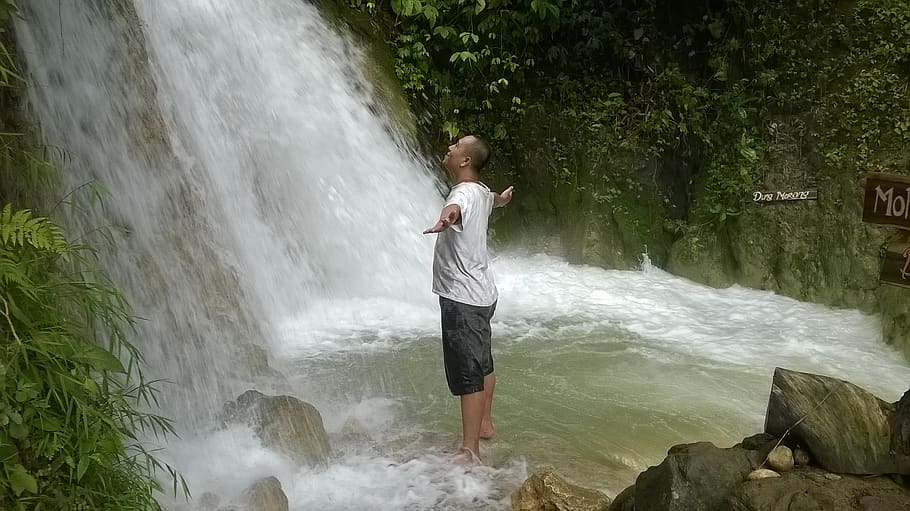 Man Standing Facing Waterfalls, one person, long exposure, motion HD wallpaper