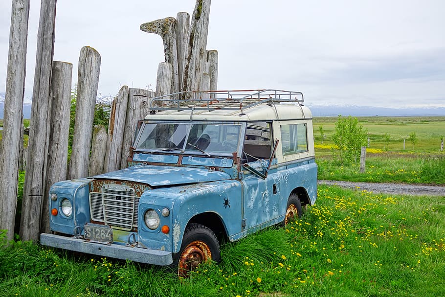 iceland, husey hi hostel, broken, oldtimer, jeep, farm, abandoned HD wallpaper