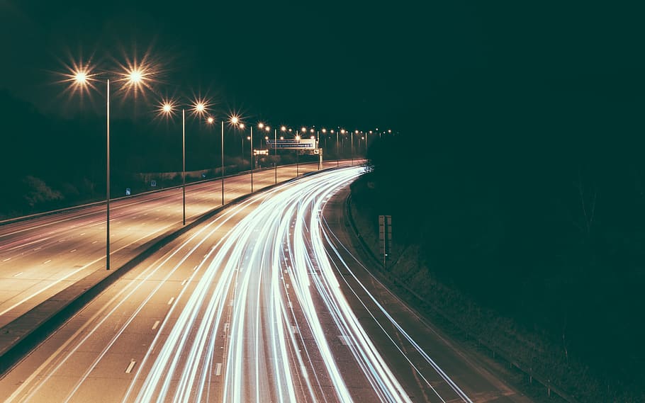 road, highway, path, traffic, lights, night, illuminated, transportation HD wallpaper