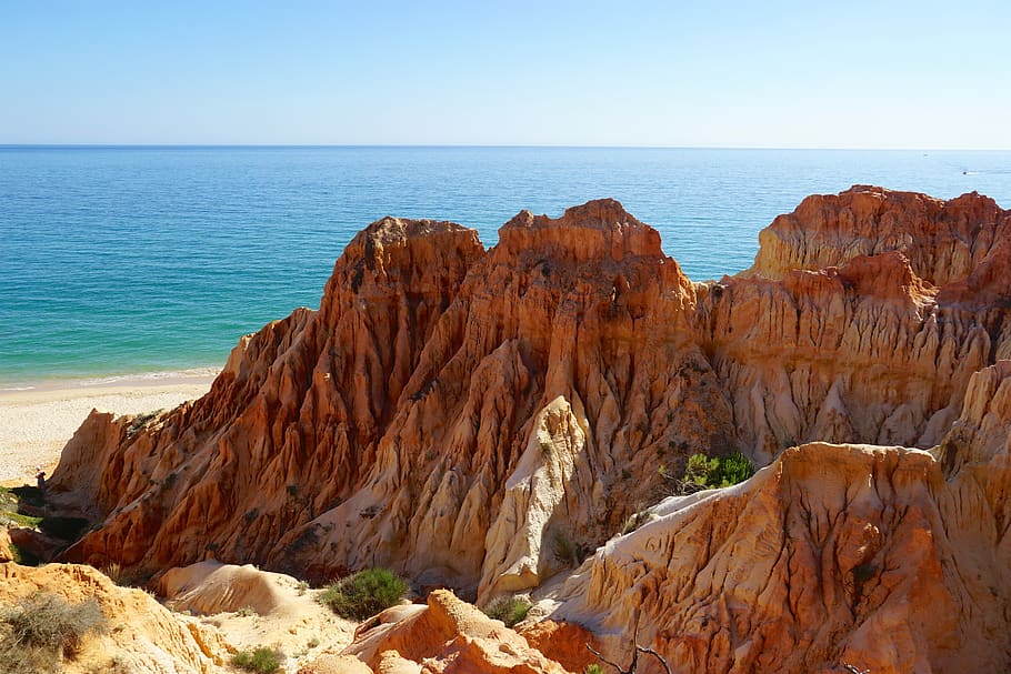 summer, vacations, cliff, algarve, portugal, landscape, nature HD wallpaper