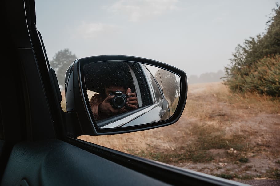 man holding camera taking pictures, mirror, person, car mirror HD wallpaper