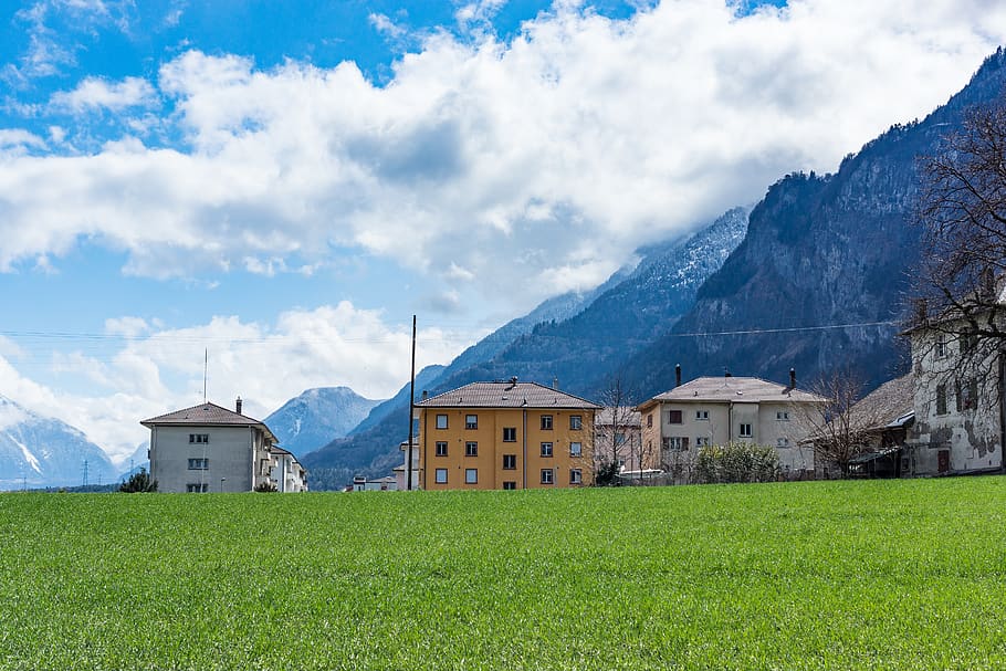 Green Grass Field Across Houses, architecture, barn, buildings HD wallpaper