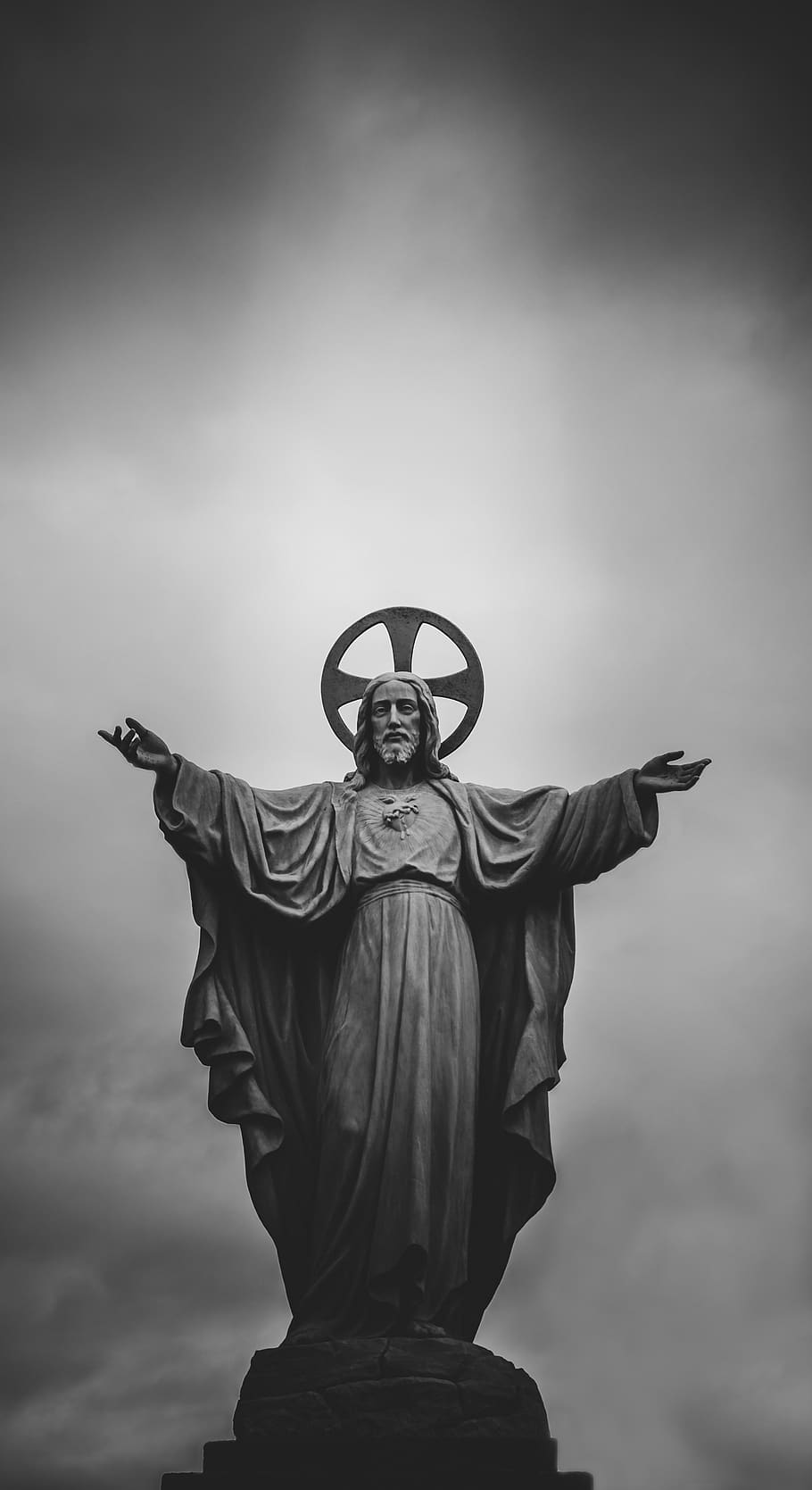 grayscale photograph of Jesus Christ statue, human, person, people