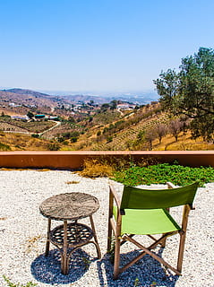 Photo of Green and Brown Folding Chair Near Wicker Table, blue sky HD wallpaper
