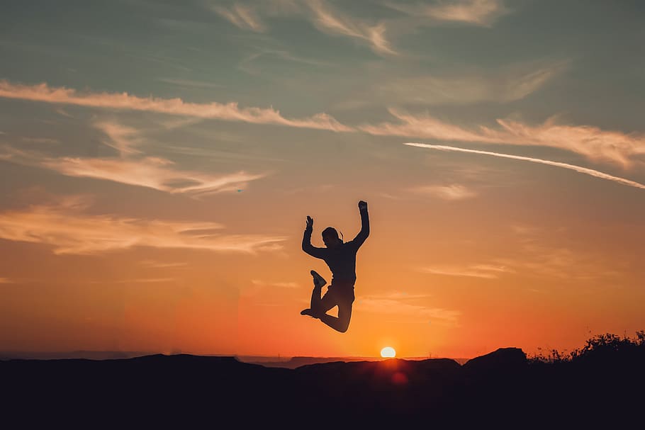 Person Jumping, backlit, dawn, dom, sky, sunrise, sunset, silhouette HD wallpaper