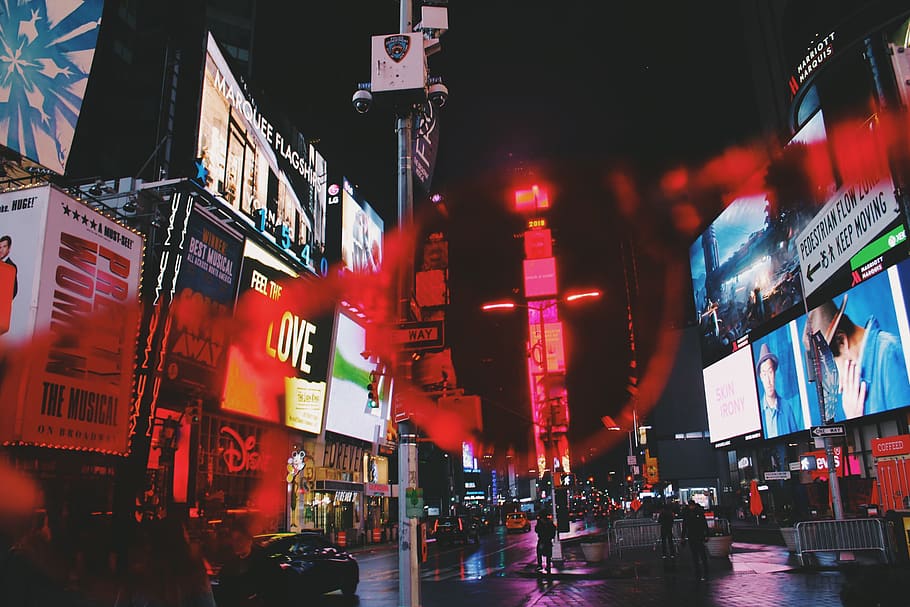 assorted-color billboards, urban, city, building, human, person HD wallpaper