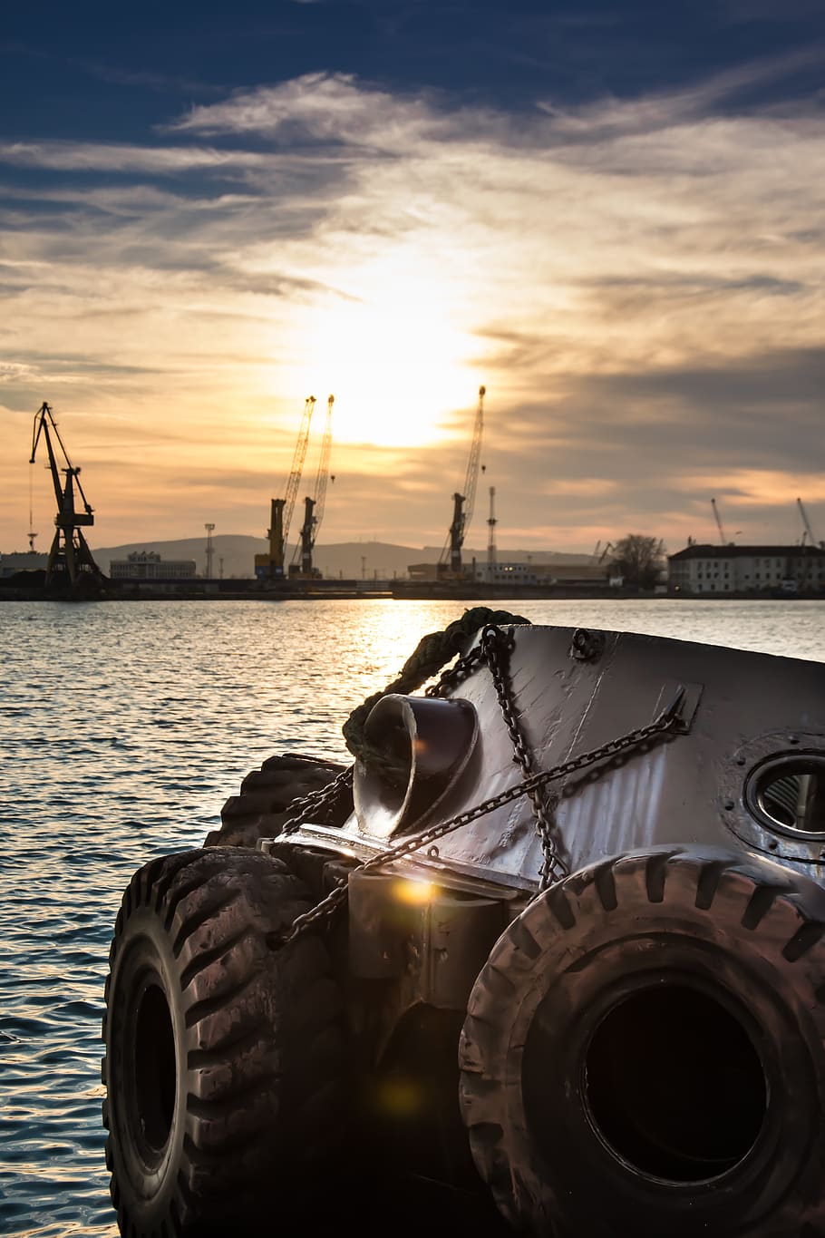 Closeup Photography of Vehicle Tires, bay, boats, cargo, clouds HD wallpaper