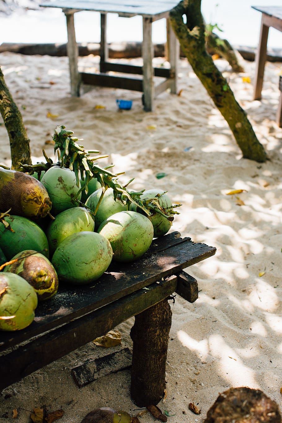 green coconuts on table, food and drink, healthy eating, freshness HD wallpaper