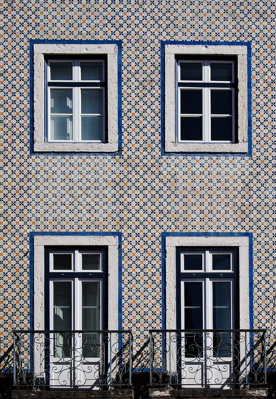 white wooden framed windows on concrete building, pattern, wall HD wallpaper
