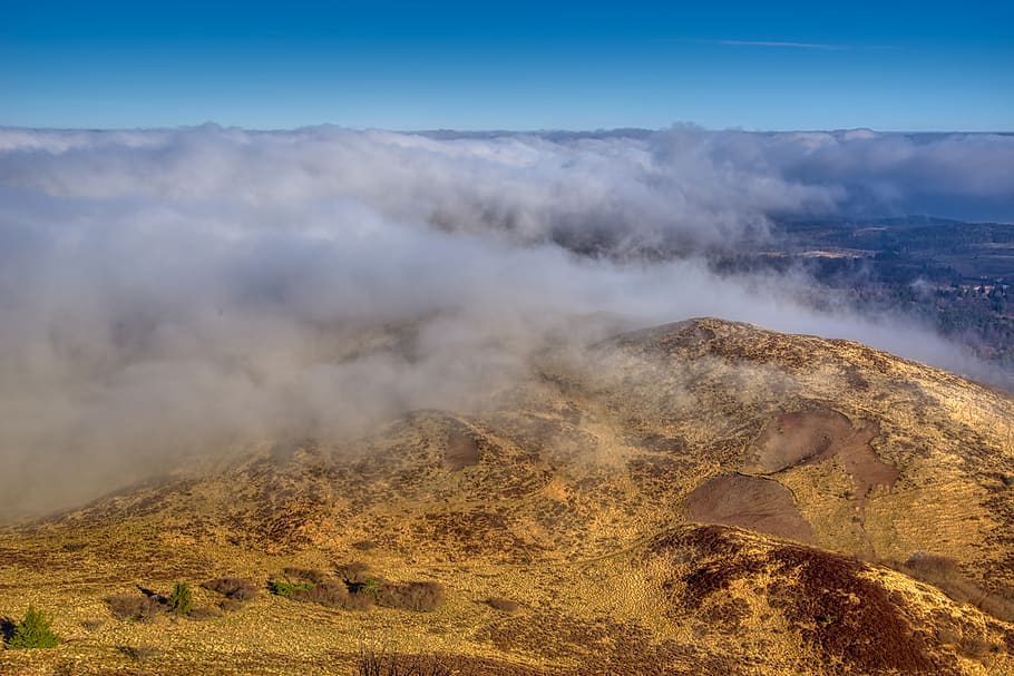 landscape, mountain, volcano, hill, fog, winter, clermont ferrand HD wallpaper