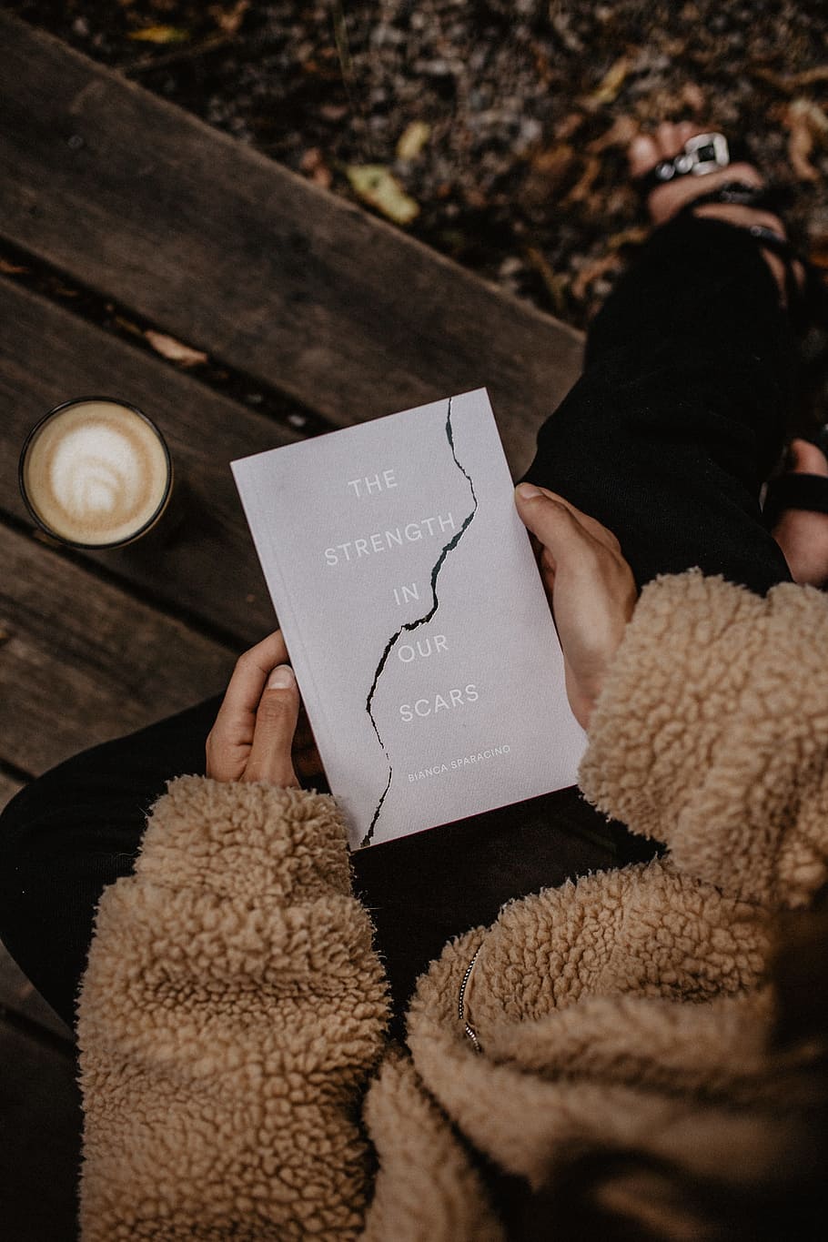 white labeled book, strength, scars, read, coffee, bench, reading HD wallpaper