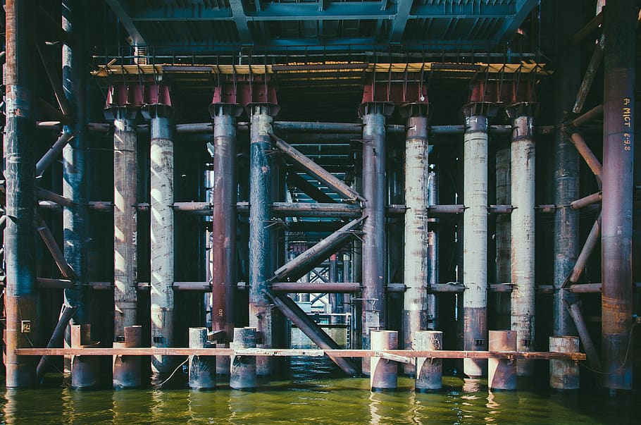 bridge, river, columns, shoring, water, built structure, no people HD wallpaper