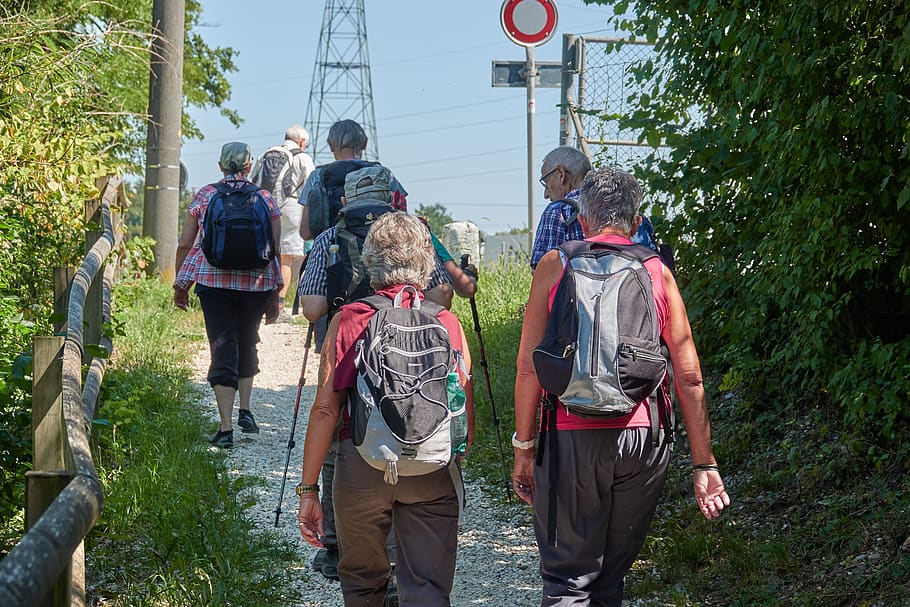 wanderer, group, hiking, human, road, landscape, quantitative HD wallpaper
