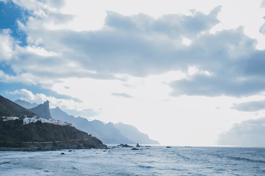 Rocks Formation Near Island, beach, canarian, clouds, daylight HD wallpaper