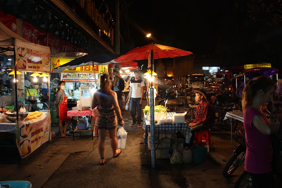 thailand, chiang mai, nighttime, light, asia, dark, food, people, HD wallpaper