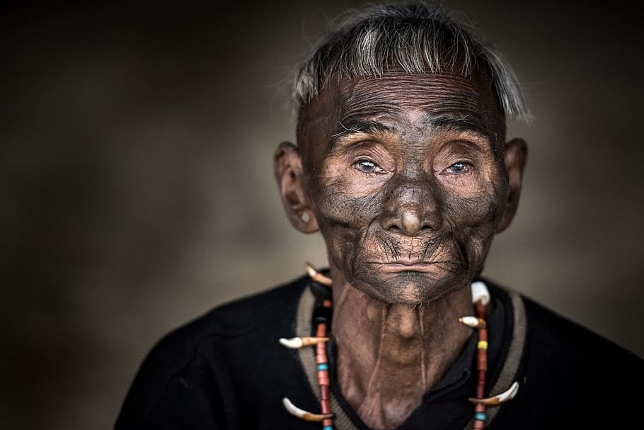 man wearing black shirt, old man, tribe, tribal, jewellery, jewelry