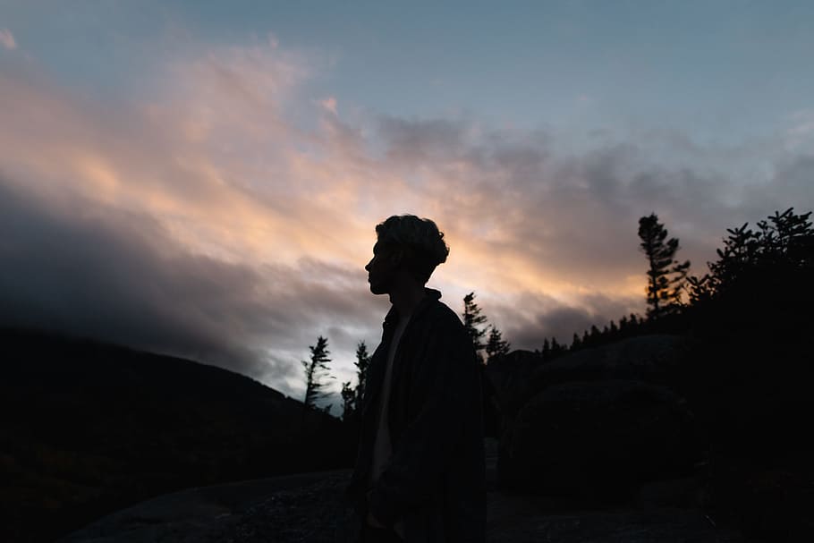 man's silhouette near trees at golden house, simple, mountain HD wallpaper
