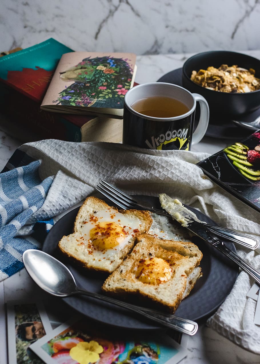 breads on plate by filled mug, food and drink, freshness, ready-to-eat HD wallpaper