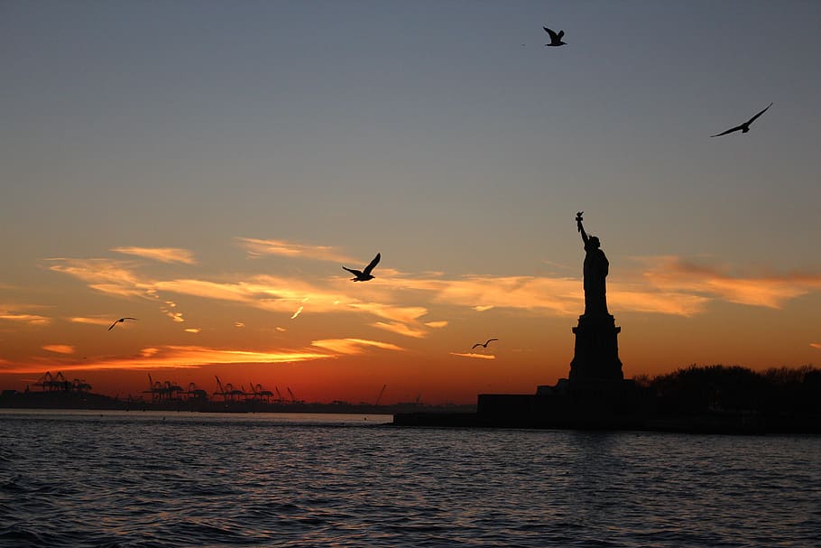 new york, united states, liberty island, golden, clouds, sunset, HD wallpaper