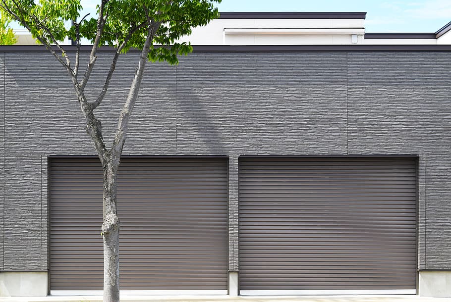 closed gray roller shutters, tree, japan, grey, wall, minimal, HD wallpaper