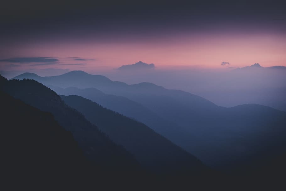 Silhouette Of Mountains During Dawn, 4k wallpaper, dark, fog
