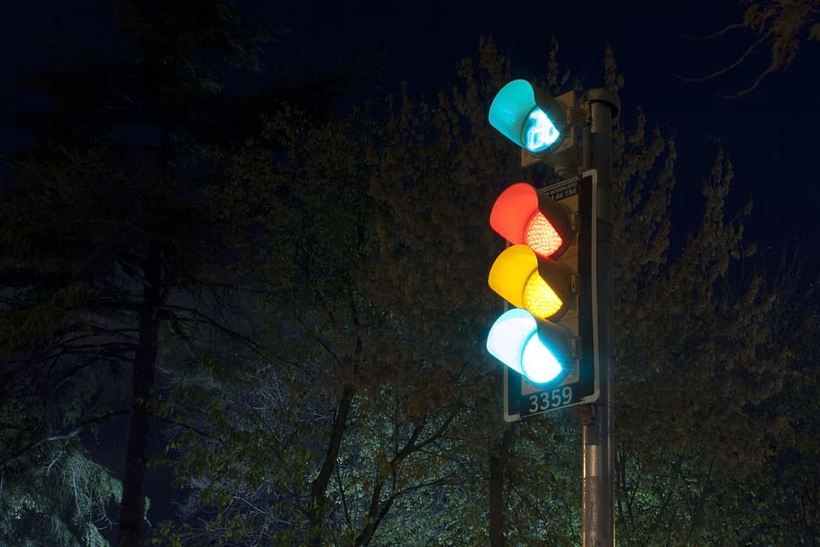 turned-on traffic light, tree, illuminated, night, plant, low angle view HD wallpaper