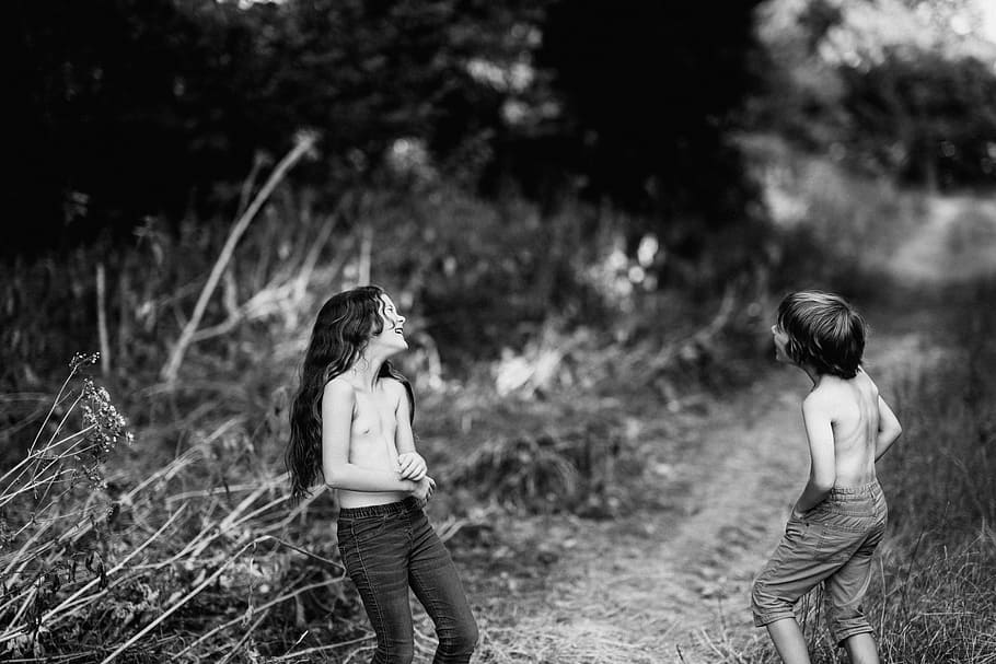 grayscale photography of girl and boy beside bush, kid, children HD wallpaper