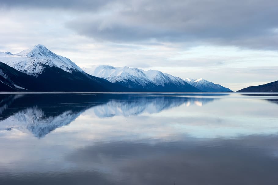 Landscape Photography of Snow Capped Mountains, calm waters, clouds HD wallpaper