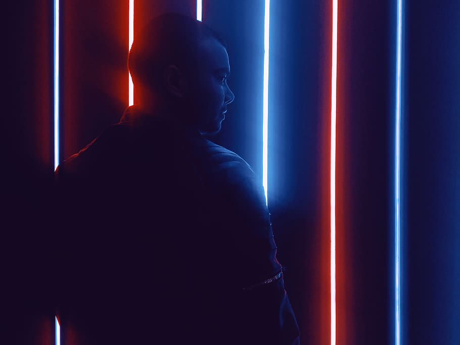Photo of Man Standing in Front of Neon Lights, close-up, led lights