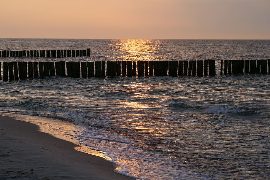 beach, sea, waters, sunset, coast, abendstimmung, evening hours HD wallpaper