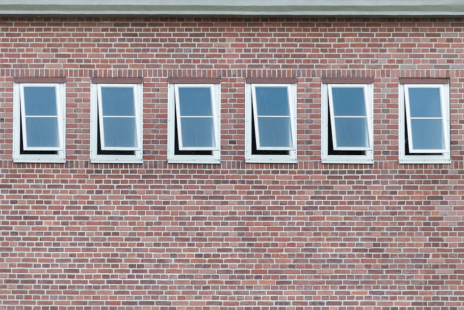 white framed windows, brick, wrocław, poland, grey, six, open, HD wallpaper