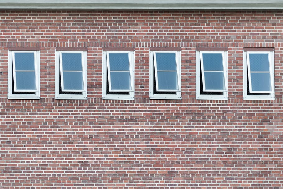 white framed windows, brick, wrocław, poland, grey, six, open HD wallpaper