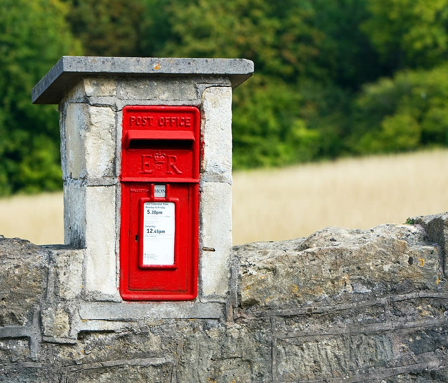 mailbox, postbox, red, postal, letter, wall, stone, stonewall