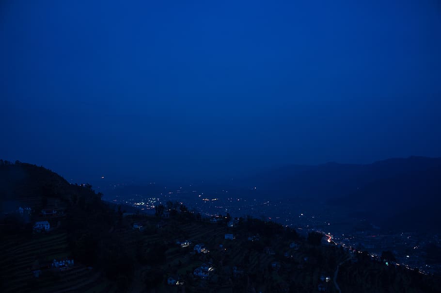 nepal, pokhara, sky, blue hour, top view, high, valley, hill, HD wallpaper