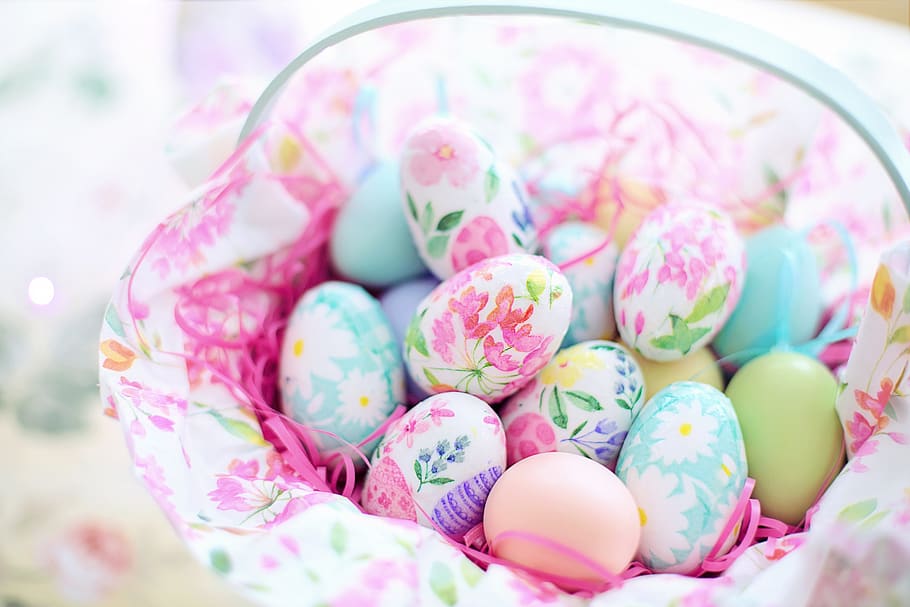 easter, basket, eggs, decoupage eggs, spring, colorful, pastels, HD wallpaper