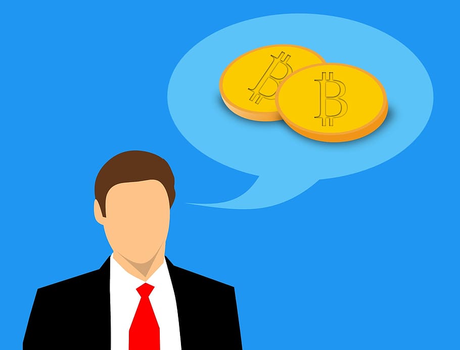 Illustration of businessman thinking and talking about bitcoin cryptocurrency.