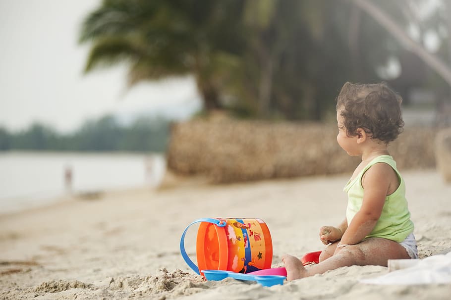 Baby Wearing Green Tank Top, beach, boy, bucket, child, childhood HD wallpaper