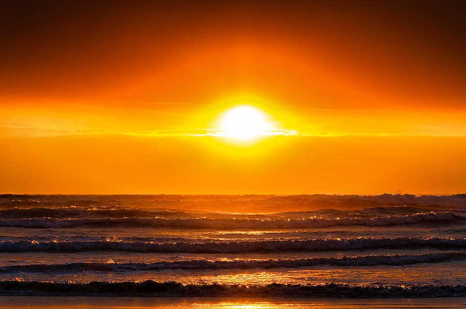 sunset, ocean, clouds, beach, sea, sky, water, landscape, nature HD wallpaper