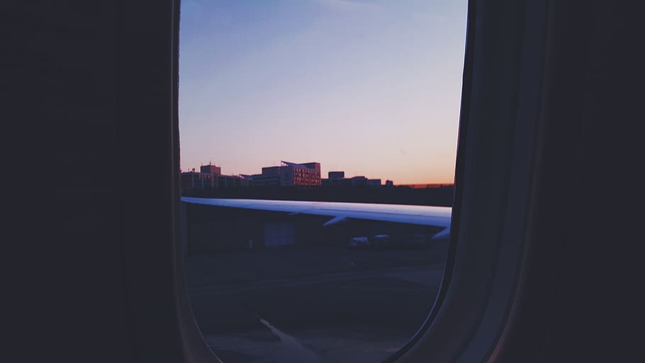 sunset, plane, twilight, airplane, take off, window, sky, wing HD wallpaper