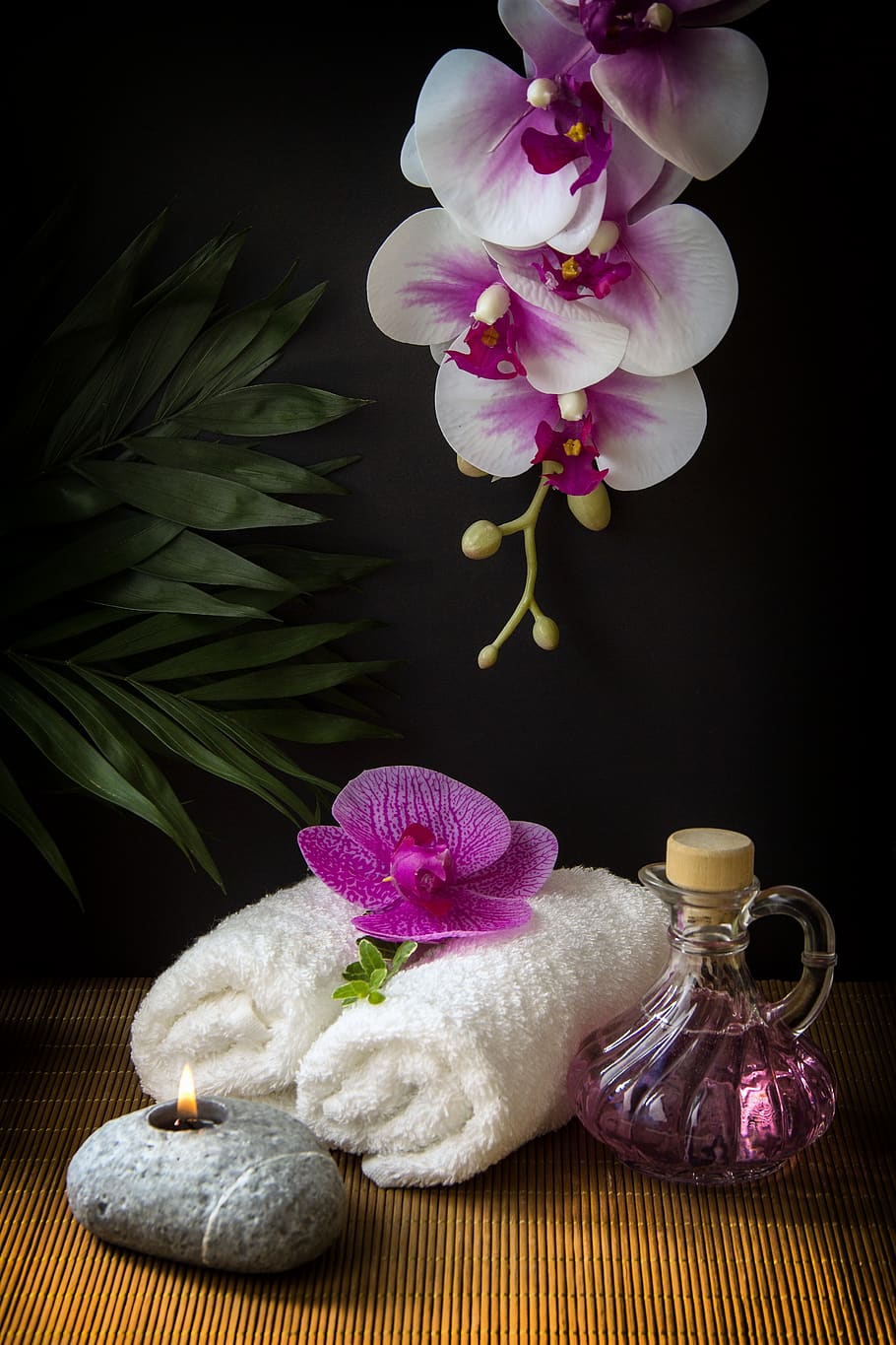 wellness, carafe, towels, white, rolled, candle, light, stone