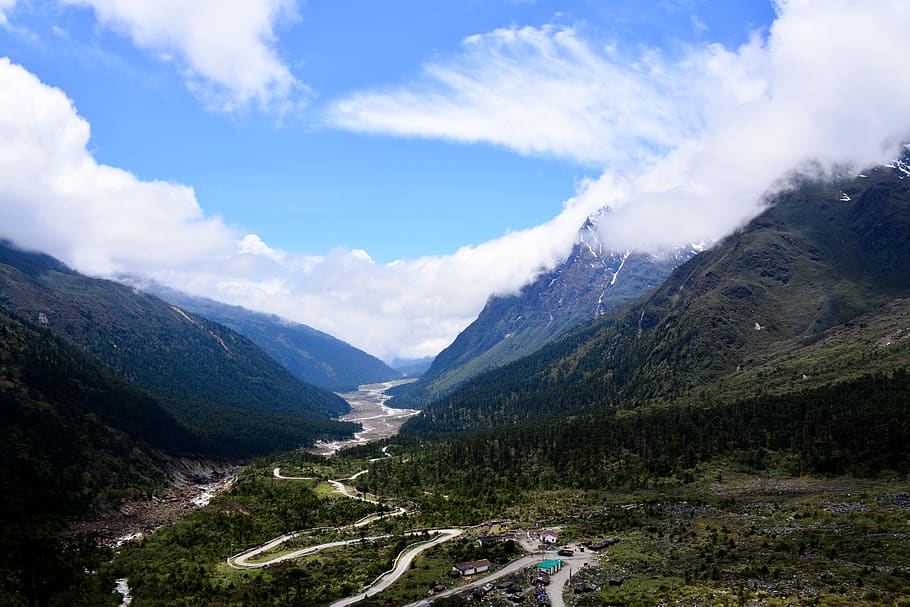 valley, mountains, snow, clouds, sky, river, road, beautiful road HD wallpaper