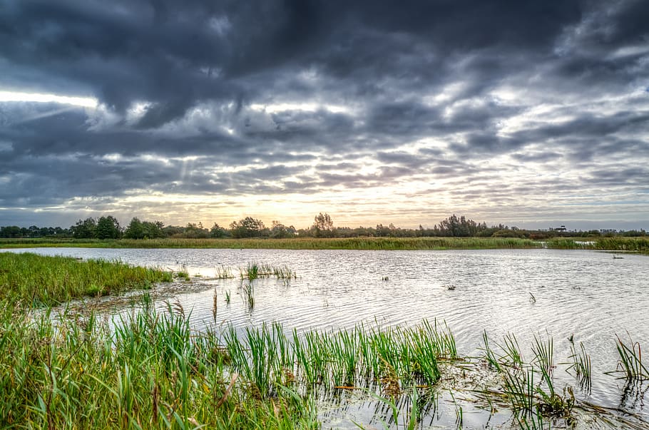 Photo of Body of Water Under Black Clouds, calm, dawn, daylight HD wallpaper