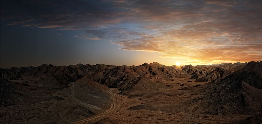 sunset, dawn, desert, panorama, nature, landscape, sky, dusk HD wallpaper