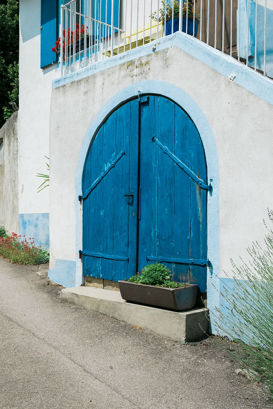 closed blue wooden door, germany, plant, schliengen, street, town, HD wallpaper