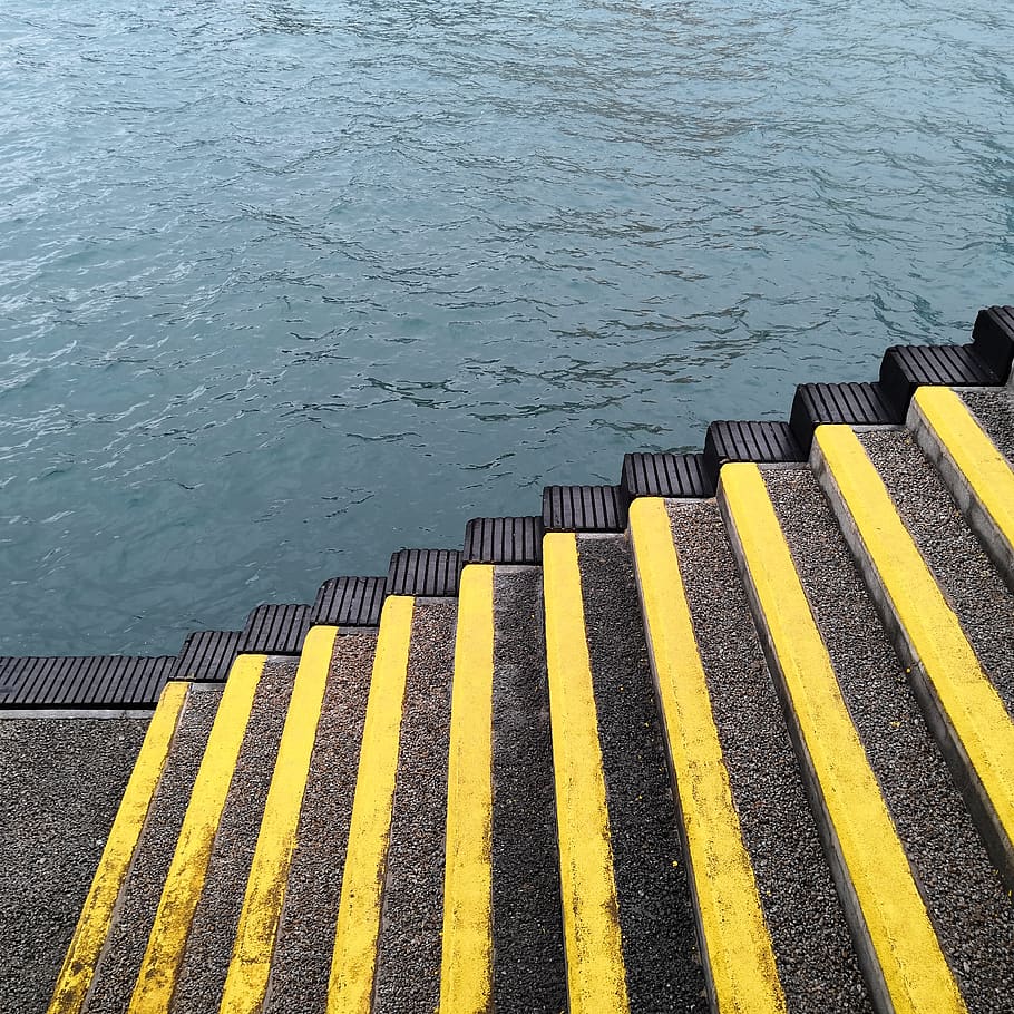 Yellow Lined Stairs, river, sea, steps, water, high angle view HD wallpaper