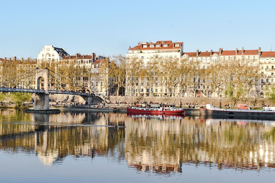 lyon, bridge, mirror, water, france, architecture, kayak, barge HD wallpaper