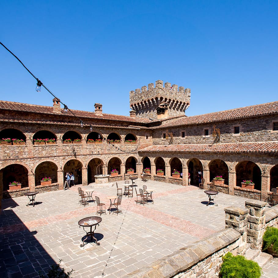 castle, patio, tables, space, building, tiles, blue sky, travel HD wallpaper